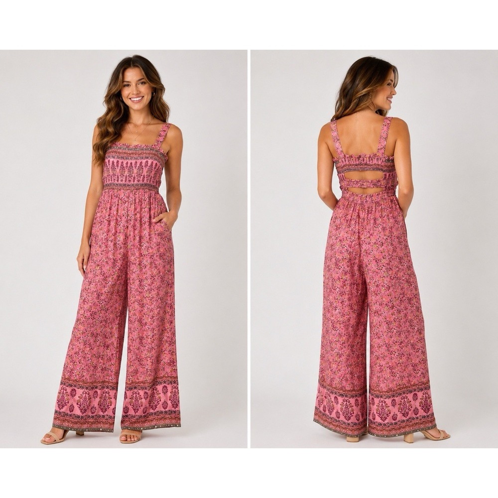 Davi & Dani Pink Floral Smocked Jumpsuit Wide Leg Boho Cottagecore Size S
